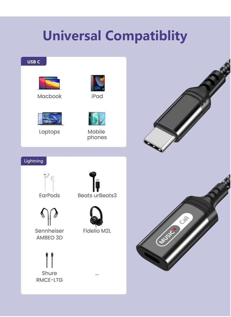 USB C to Lightning Audio Adapter, USB Type C Male to Lightning Female Headphone Converter for Apple iPad Air 4 Mini 6 MacBook to Earphones Connector for Call Music Video, Not Support Charging