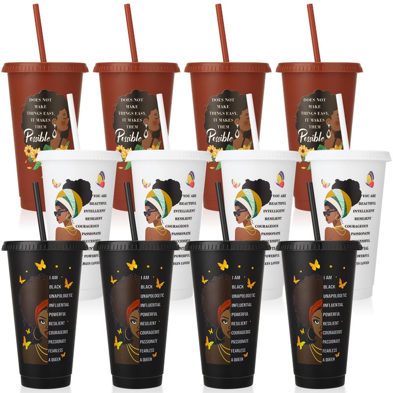 Ovveroche 12 Pcs African American Plastic Cups with Lids and Straws 24 oz Reusable Cups Travel Mug Bulk for Women Lady Party Favors - Image 2
