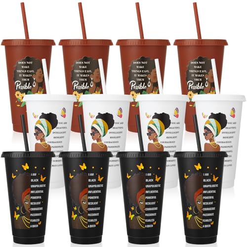 Ovveroche 12 Pcs African American Plastic Cups with Lids and Straws 24 oz Reusable Cups Travel Mug Bulk for Women Lady Party Favors - Image 1