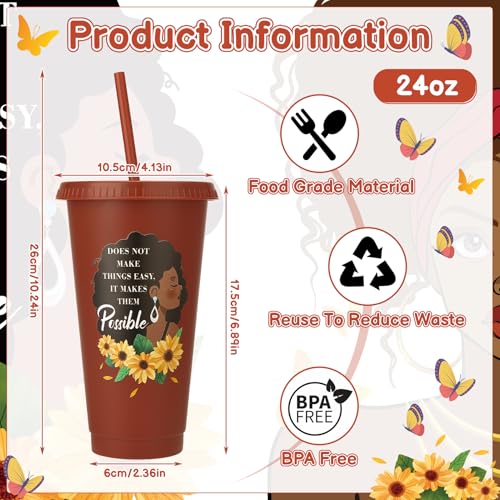Ovveroche 12 Pcs African American Plastic Cups with Lids and Straws 24 oz Reusable Cups Travel Mug Bulk for Women Lady Party Favors - Image 3
