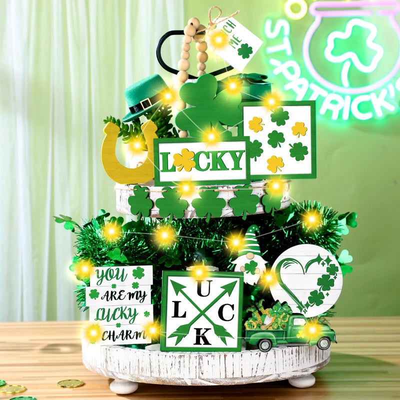 Menkxi 15 Pcs St. Patrick's Day Tiered Tray Decor Set St Patrick's Day Decoration Easter Wooden Table Sign Easter Tiered Tray Decorations Farmhouse Tabletop Decorations for Home Kitchen - Image 1
