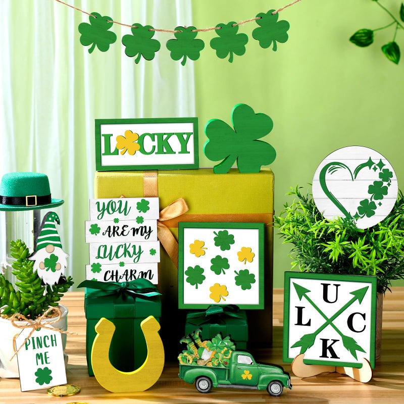 Menkxi 15 Pcs St. Patrick's Day Tiered Tray Decor Set St Patrick's Day Decoration Easter Wooden Table Sign Easter Tiered Tray Decorations Farmhouse Tabletop Decorations for Home Kitchen - Image 5