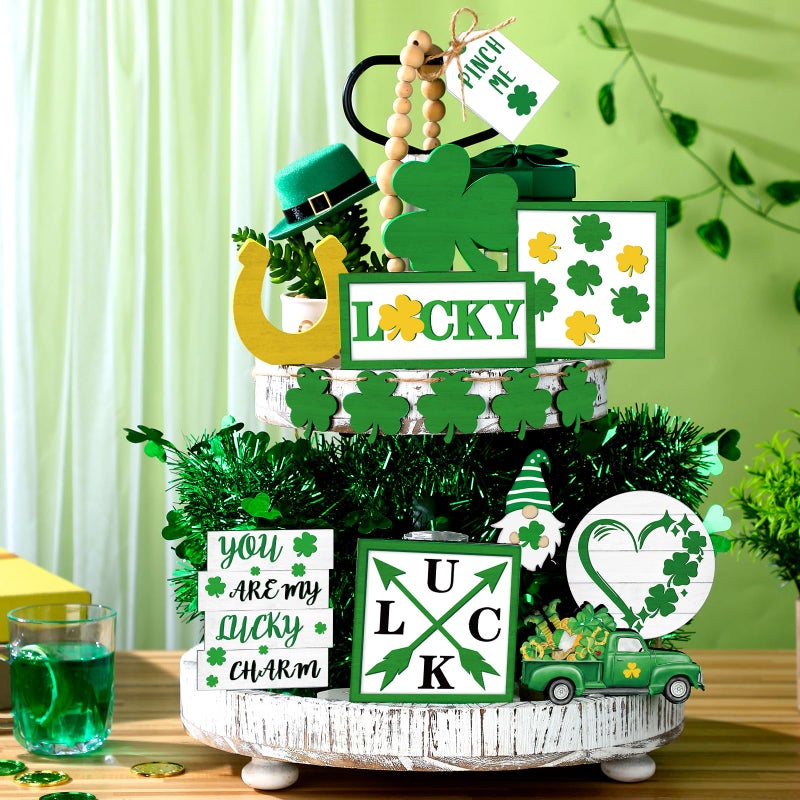 Menkxi 15 Pcs St. Patrick's Day Tiered Tray Decor Set St Patrick's Day Decoration Easter Wooden Table Sign Easter Tiered Tray Decorations Farmhouse Tabletop Decorations for Home Kitchen - Image 4