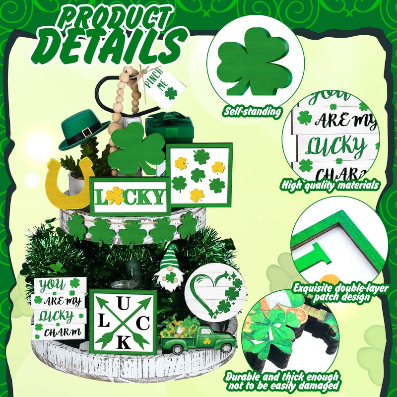 Menkxi 15 Pcs St. Patrick's Day Tiered Tray Decor Set St Patrick's Day Decoration Easter Wooden Table Sign Easter Tiered Tray Decorations Farmhouse Tabletop Decorations for Home Kitchen - Image 3