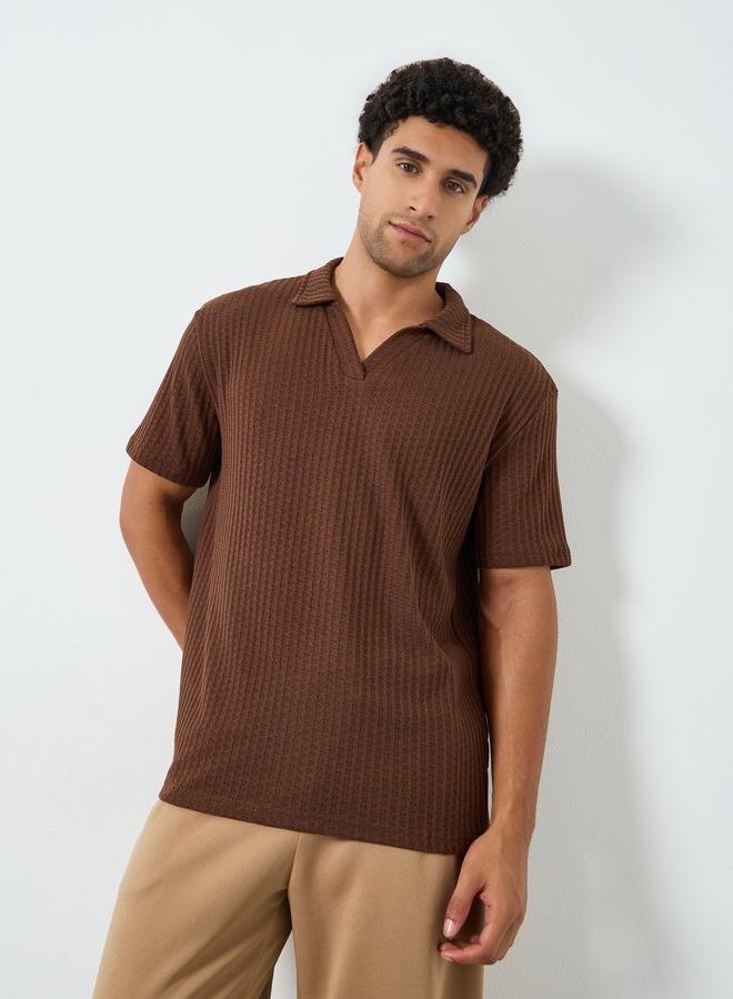 Styli Men Relaxed Mock Open Collar Textured Mesh Polo - Image 1
