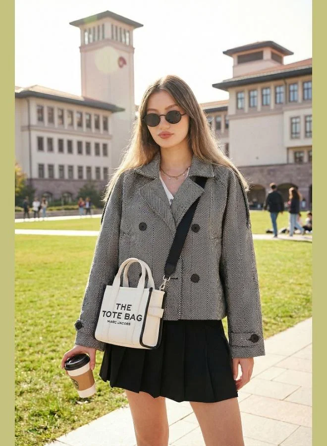 Lela Lela Herringbone Cotton Regular Fit Double-Breasted Lined Cashmere Jacket Coat Women's COAT 6524981