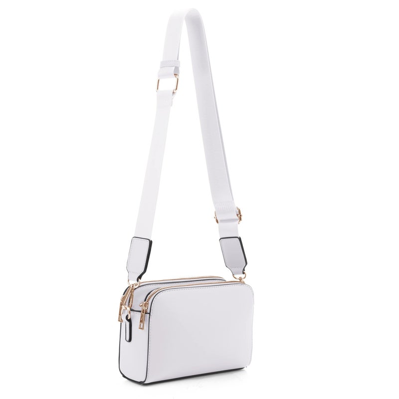 EVVE Crossbody Bags for Women Trendy Triple Zip Small Crossbody Camera Bag Purse with Wide Guitar Strap | White - Image 1
