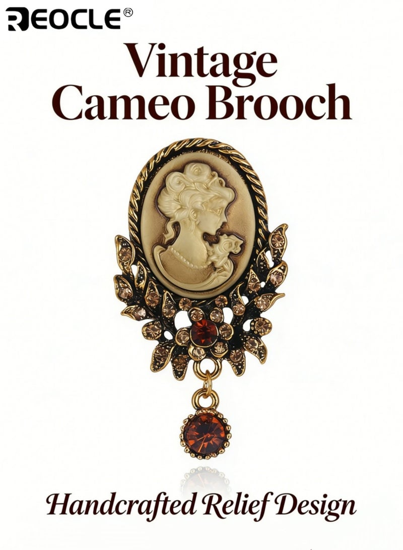 REOCLE Women's Brooch Vintage Portrait Cameo Pin Ornate Frame & Pendant Accent Design for Retro-Inspired Outfit Styling - Image 1
