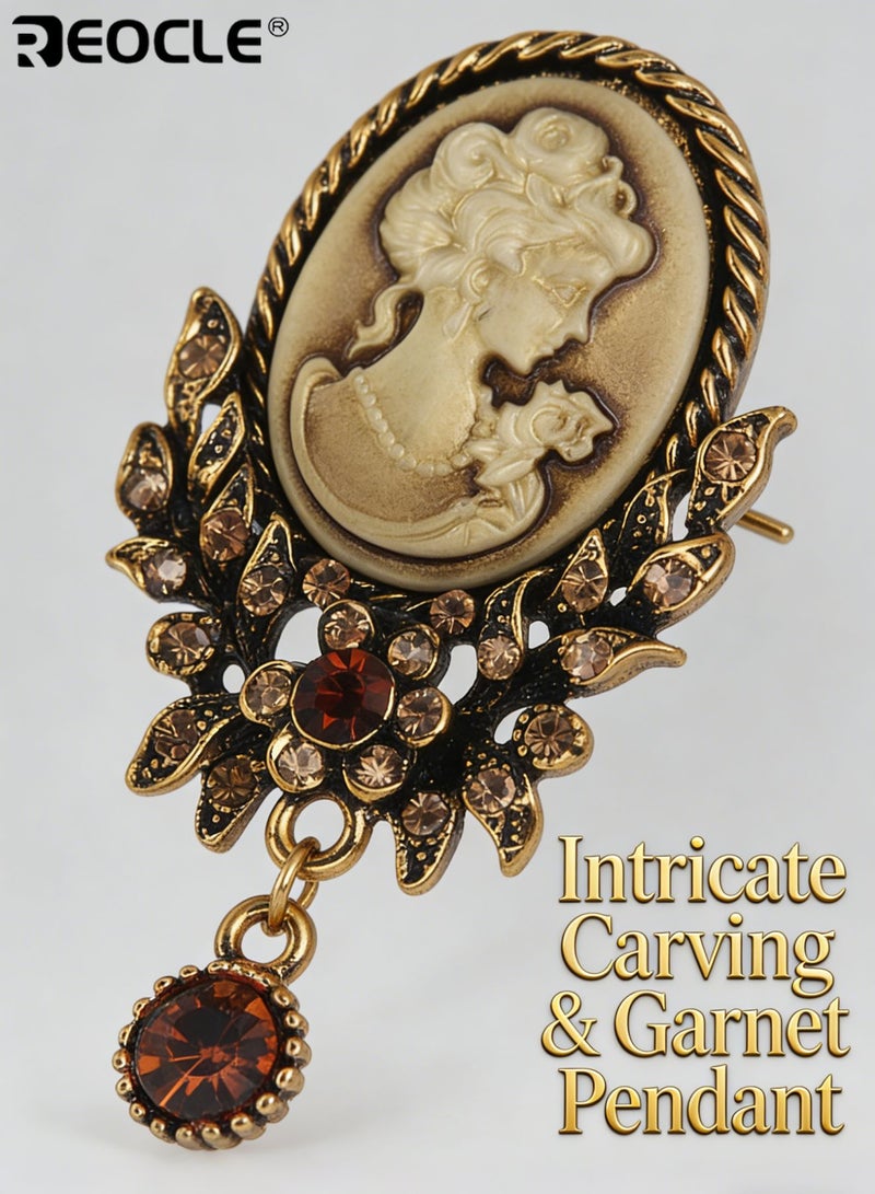 REOCLE Women's Brooch Vintage Portrait Cameo Pin Ornate Frame & Pendant Accent Design for Retro-Inspired Outfit Styling - Image 2