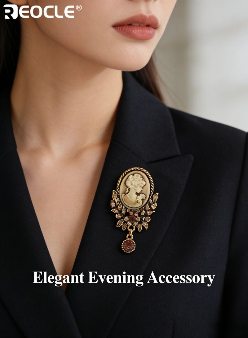 REOCLE Women's Brooch Vintage Portrait Cameo Pin Ornate Frame & Pendant Accent Design for Retro-Inspired Outfit Styling - Image 3