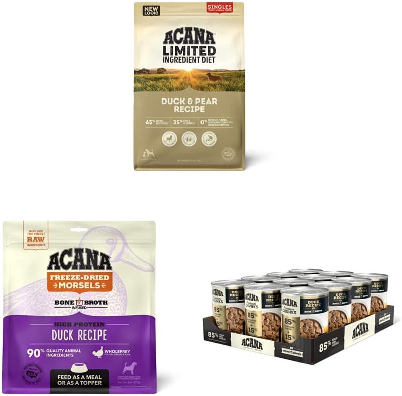 Bundle of ACANA Limited Ingredient Dry Dog Food Duck  Pear 45lb  ACANA Freeze Dried Dog Food Duck Recipe Morsels 8oz  ACANA Chunks Duck Recipe in Bone Broth Case of 12