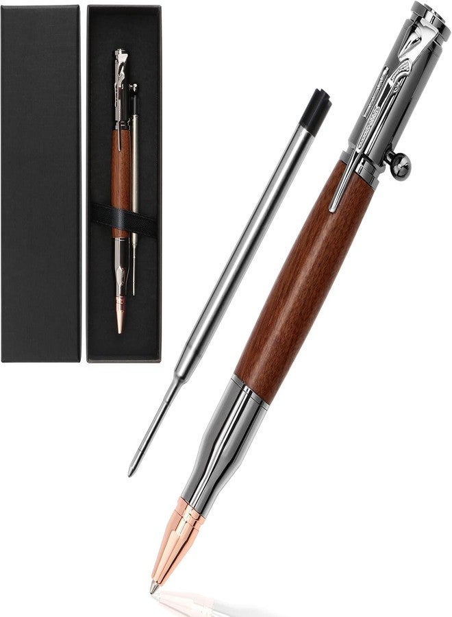 PiyuBind Bolt Action Pen Wood Ballpoint Solid Brass Pens Bullet Shaped Metal Pen and 1 Piece Pen Refills with 1 Present Box for Father's Day, Valentine, Birthday, Black Ink (Wood Brown) - Image 1