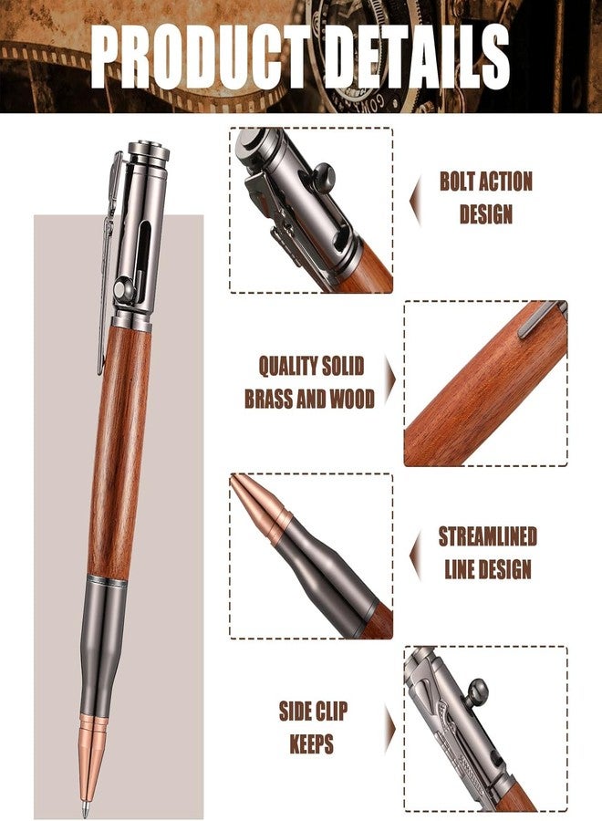 PiyuBind Bolt Action Pen Wood Ballpoint Solid Brass Pens Bullet Shaped Metal Pen and 1 Piece Pen Refills with 1 Present Box for Father's Day, Valentine, Birthday, Black Ink (Wood Brown) - Image 3
