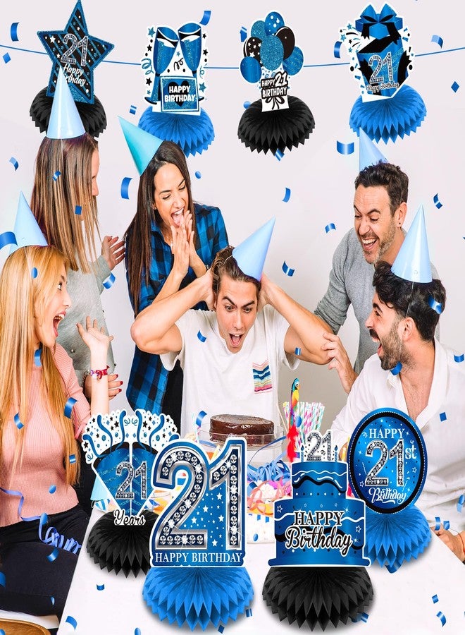 LUUFILx 8Pcs Blue 21st Birthday Decorations Blue and Black Happy 21st Birthday Table Honeycomb Centerpieces for Table Decor 21st Birthday Table Topper for Men Women 21st Birthday Anniversary Party Supplies - Image 4