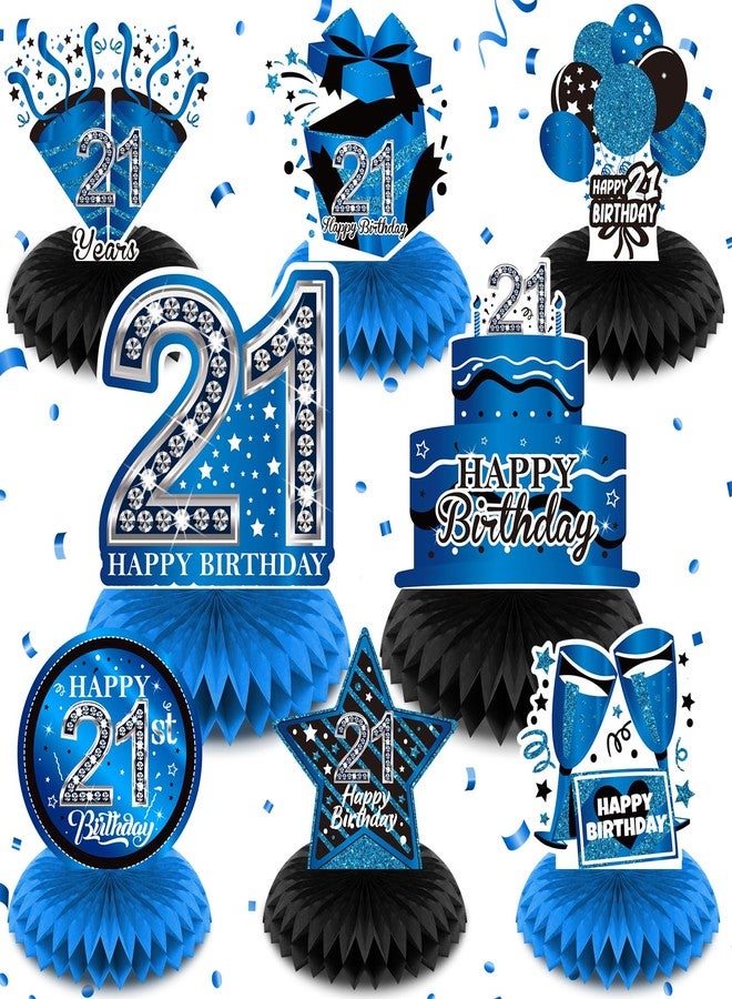 LUUFILx 8Pcs Blue 21st Birthday Decorations Blue and Black Happy 21st Birthday Table Honeycomb Centerpieces for Table Decor 21st Birthday Table Topper for Men Women 21st Birthday Anniversary Party Supplies - Image 1
