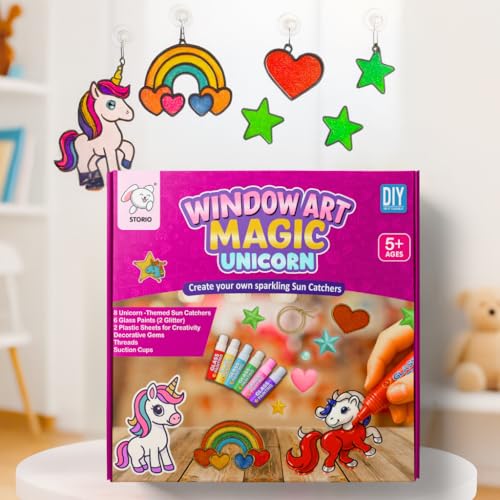 Storio Window Art Magic Unicorn Set | DIY Unicorn Sun Catcher Kit with Glass Paints & Decorative Gems | Art and Craft Kit - Image 1