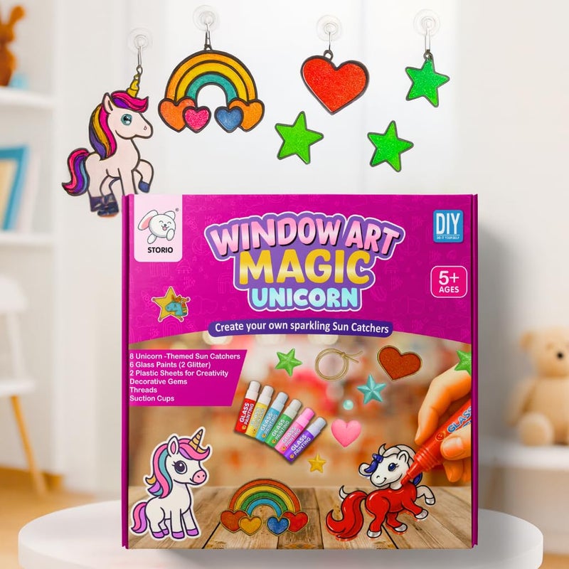 Storio Window Art Magic Unicorn Set | DIY Unicorn Sun Catcher Kit with Glass Paints & Decorative Gems | Art and Craft Kit - Image 4