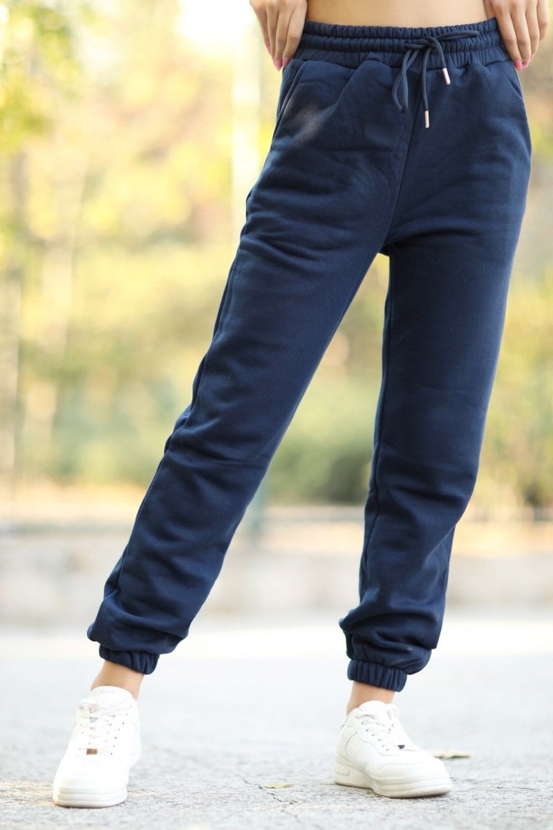 Giysa Women's Navy Blue Pocketed Sweatpants Elastic Legs and Drawstring Waist 3 Rope Raised Cotton Blend - 2529-9016  - Image 4