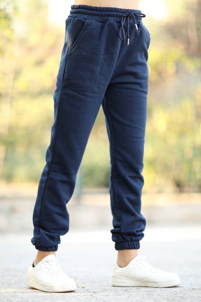 Giysa Women's Navy Blue Pocketed Sweatpants Elastic Legs and Drawstring Waist 3 Rope Raised Cotton Blend - 2529-9016  - Image 2