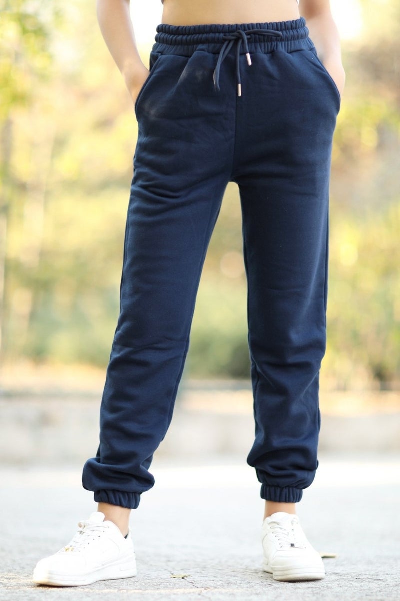 Giysa Women's Navy Blue Pocketed Sweatpants Elastic Legs and Drawstring Waist 3 Rope Raised Cotton Blend - 2529-9016  - Image 5