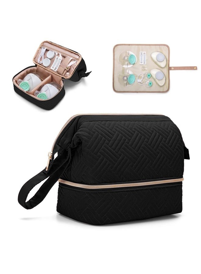 Fasrom Wearable Breast Pump Bag Compatible with Willow, Elvie Pumps and Medela Pump in Style, Double Layer Carrying Case with Waterproof Mat and Insulated Pockets for Work Moms, Black (Patent Design) - Image 1