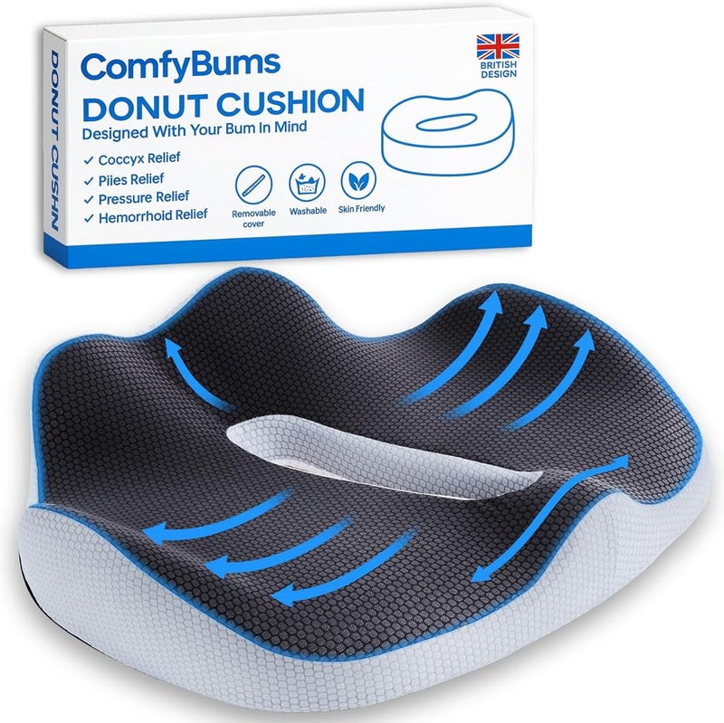 ComfyBums Hemorrhoid Donut Cushion For Coccyx, Tailbone, Piles Orthopaedic Pressure Relief - Memory Foam Pillow For Office Chair Seat Ring Cushions - Targets Sores & Pain Relief - Made For You - Image 1