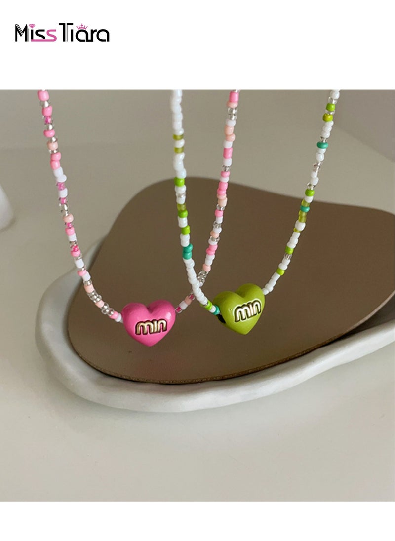 MissTiara 2 pieces Trendy Colorful Beaded Heart Alphabet Necklace Perfect For Girls  - Image 1