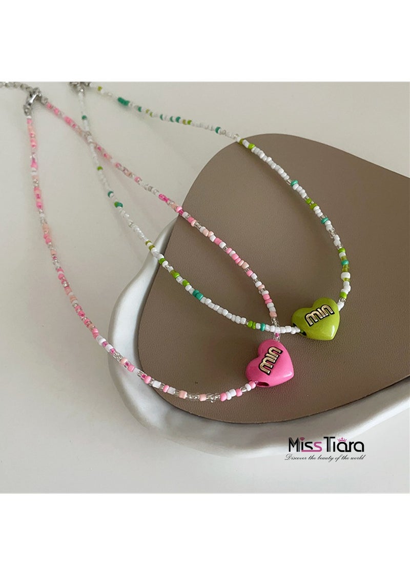 MissTiara 2 pieces Trendy Colorful Beaded Heart Alphabet Necklace Perfect For Girls  - Image 2