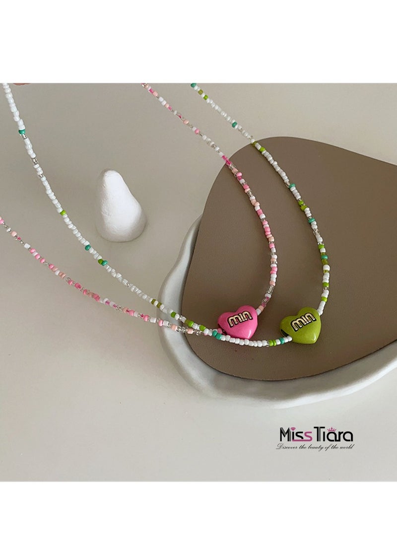 MissTiara 2 pieces Trendy Colorful Beaded Heart Alphabet Necklace Perfect For Girls  - Image 5