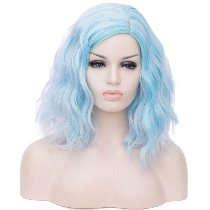 Short Bob Wavy Curly Wig Light Blue Mixed Pink Wig For Women Cosplay Halloween Wigs Heat Resistant Bob Party Wig Include Wig Cap Light Blue Mixed Pink
