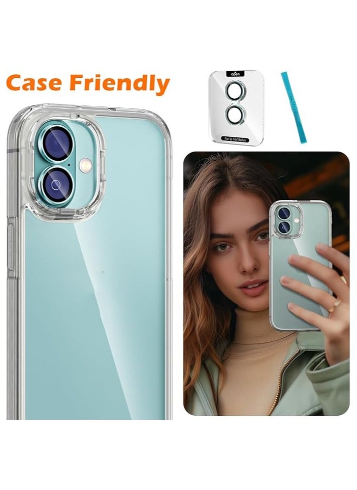 Generic - Compatible for iPhone 16/iPhone 16 Plus Camera Lens Protector, One-Step Installation Tray Individual Metal Ring Tempered Glass Cover CD Pattern Case Friendly - Teal - Image 1