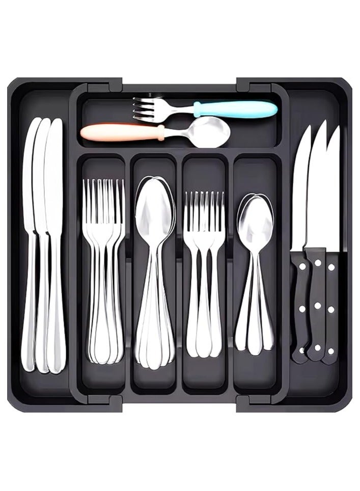 Saudi Deals Silverware Drawer Organizer, Expandable Utensil Tray for Kitchen, BPA Free Flatware and Cutlery Holder, Adjustable Plastic Storage for Spoons Forks Knives, Large, Black - Image 1