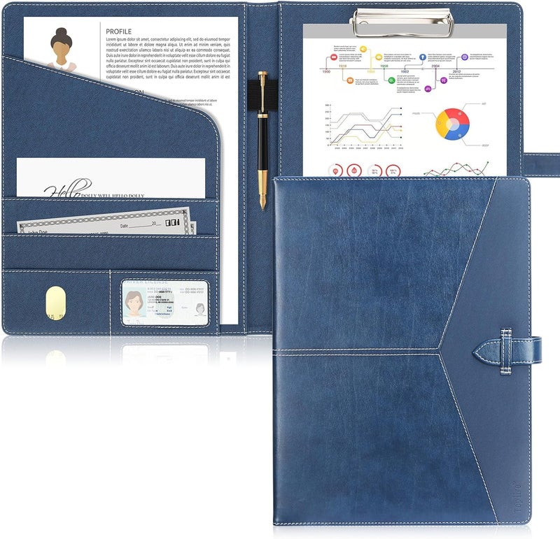 Toplive Padfolio 3 Ring Binder Organizer Business Portfolio Folder for Women, A4/ Letter Size PU Leather Portfolio Padfolio for Interview Conference Presentation (Blue -with Clipboard) - Image 1