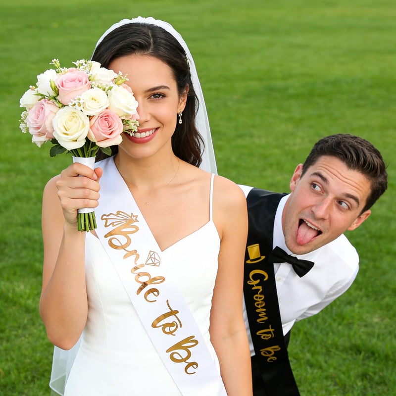 Docooniver 2 Pack Bride and Groom to be Sash Set Bachelorette Party Bridal Shower Decorations and Accessories Gifts for Bride Wedding Engagement Party Photobooth Props. - Image 5