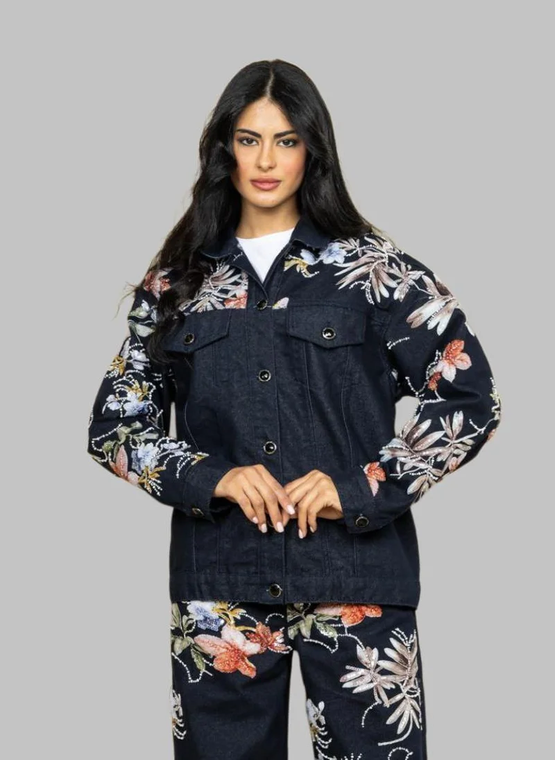 Navy Blue Floral Embroidered Denim Jacket