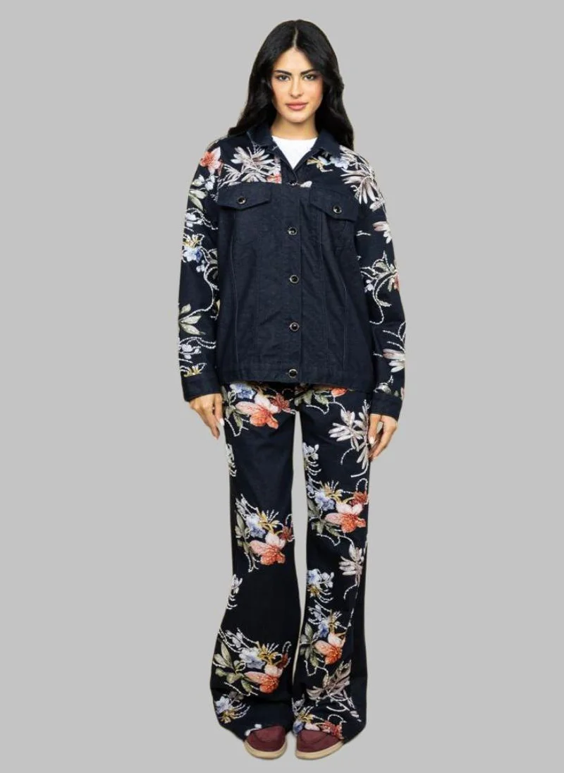 Bond  Navy Blue Floral Embroidered Denim Jacket for Women | Best Price UAE