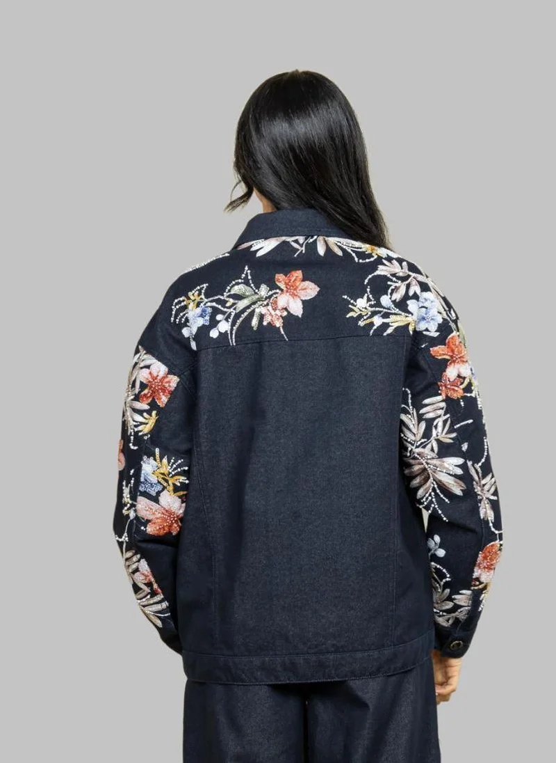 Bond  Navy Blue Floral Embroidered Denim Jacket for Women | Best Price UAE