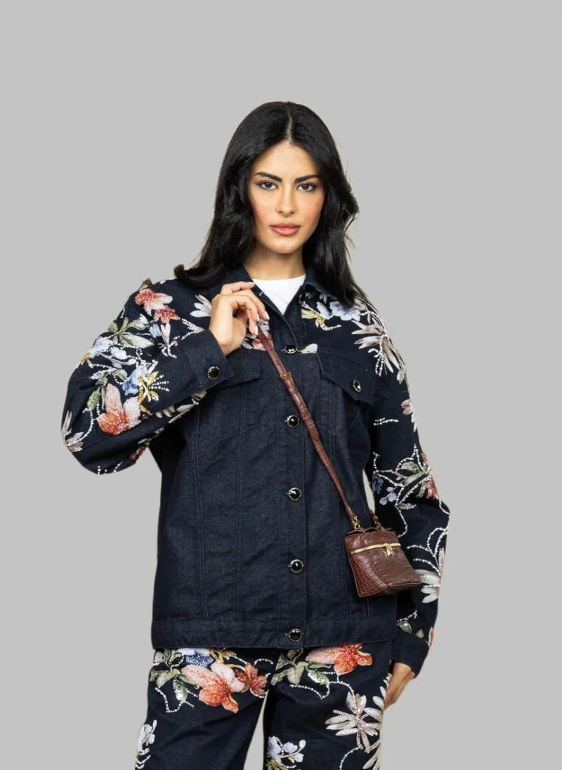 Bond  Navy Blue Floral Embroidered Denim Jacket for Women | Best Price UAE