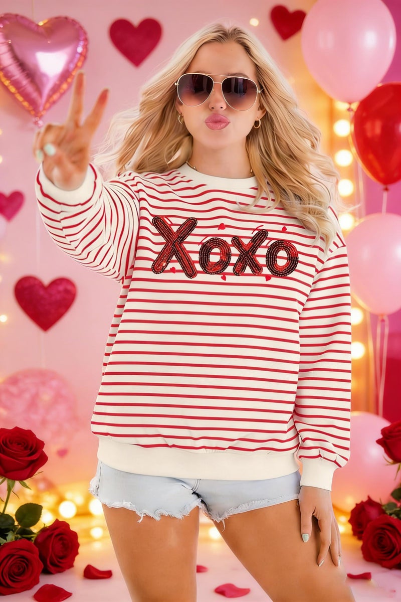 FASHGL Valentines Sweatshirt Women Love Heart Print Shirt Valentine Sweater Casual Striped Pullover Blouse Long Sleeve Top Red - Image 5