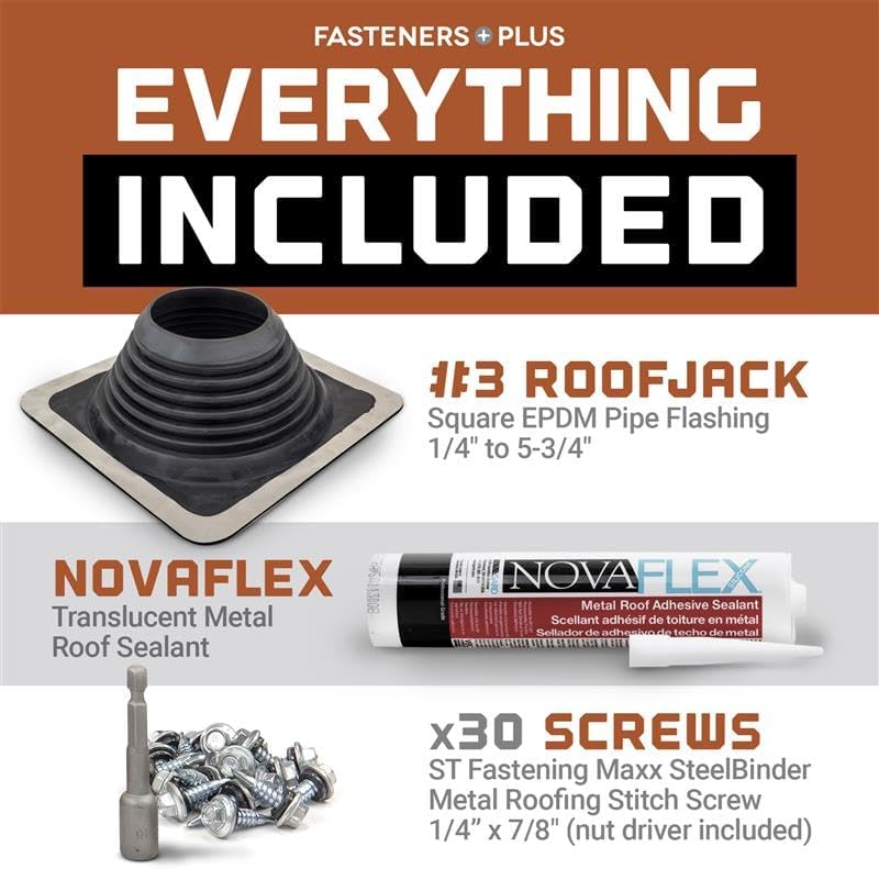 Fasteners Plus Store #3 Square EPDM Metal Roof Pipe Flashing Boot Kit - Fits 1/4" - 5-3/4" Pipe OD - Includes Flashing, NovaFlex Sealant & Roofing Stitch Screws - Black (Made in USA) - Image 2