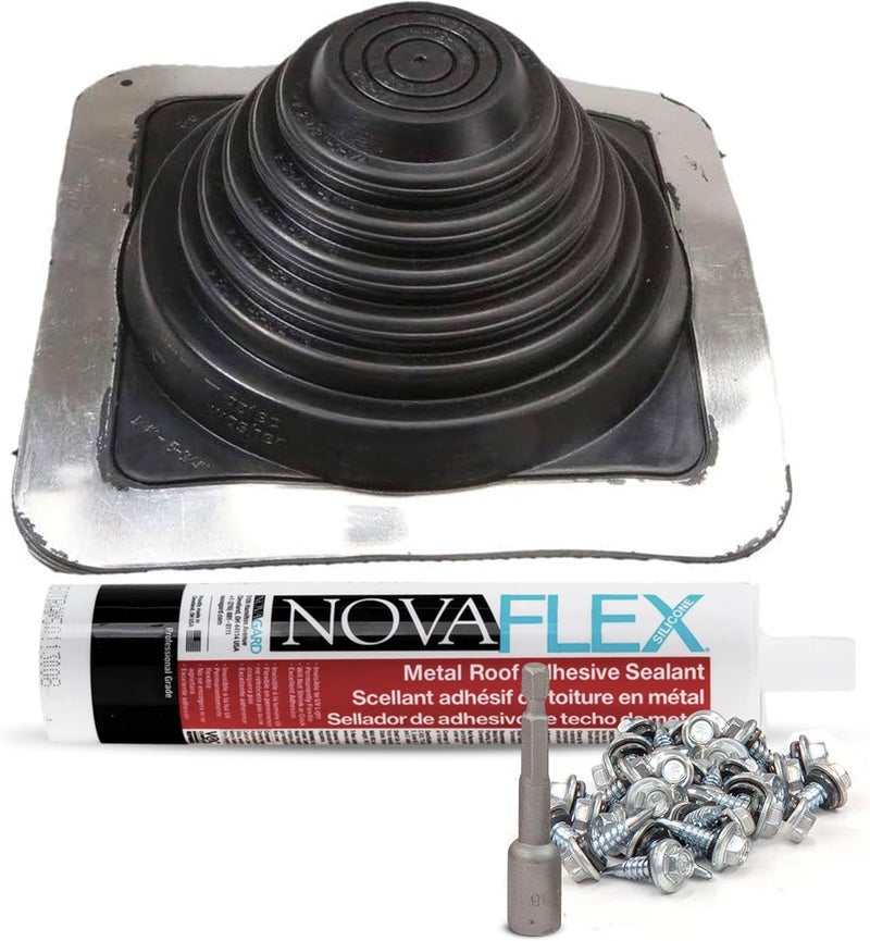 Fasteners Plus Store #3 Square EPDM Metal Roof Pipe Flashing Boot Kit - Fits 1/4" - 5-3/4" Pipe OD - Includes Flashing, NovaFlex Sealant & Roofing Stitch Screws - Black (Made in USA) - Image 1