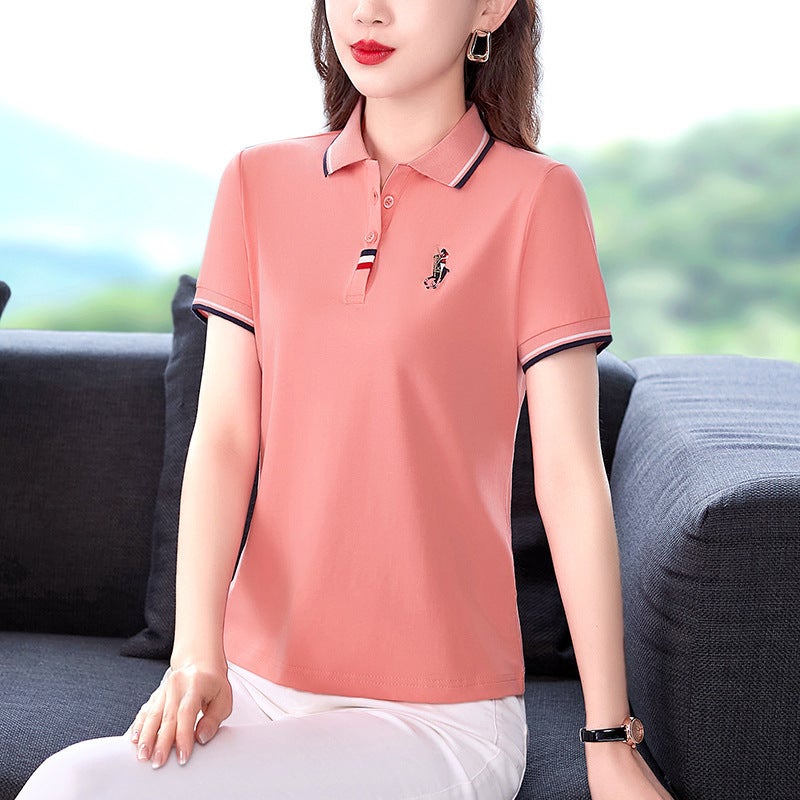 2022 New Summer Womens Collared Polo Tee Casual Loose Plus Size 261 Red  - Image 2