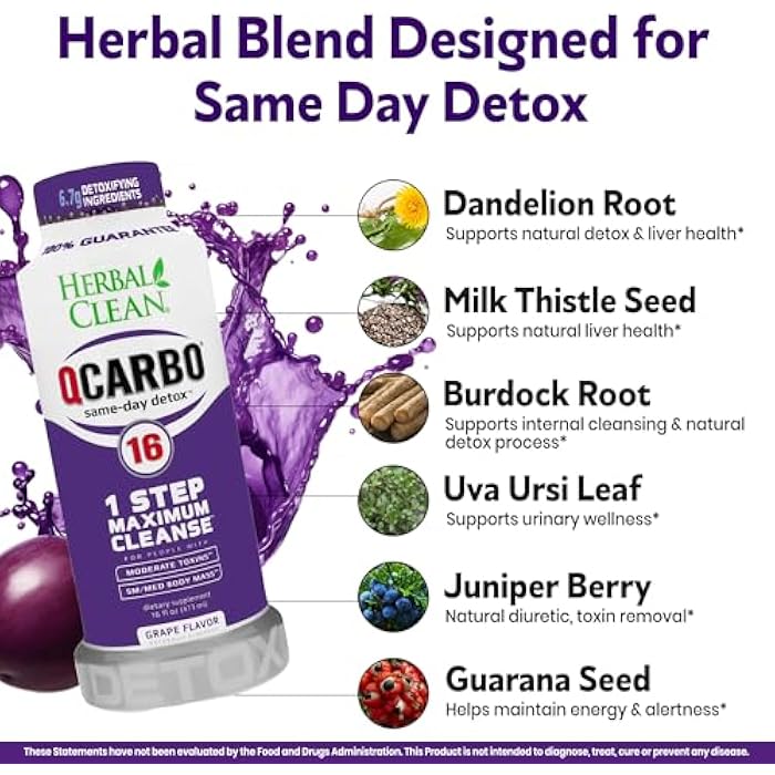Herbal Clean Qcarbo16 Same-Day Detox Cleanse Drink (16 fl oz) - Grape Flavor Full Body Cleanse* Detox Drink for Moderate Toxin Level*, Vitamin B2 and Vitamin B12 for Men & Women - Image 4