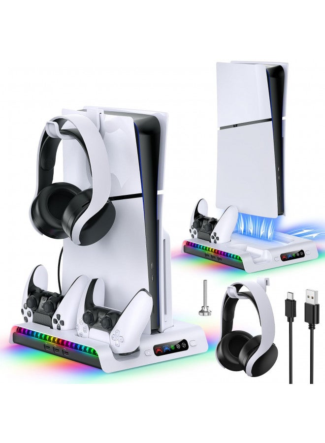 FASTSNAIL Charging Stand with Cooling Fan Only for PS5 Slim Console, Dual Controller Charger Station with 9 RGB Lights & Headset Hook & 3-Level Silent Fan, Cooler Accessories for PS5 Slim Digital/Disc - Image 1