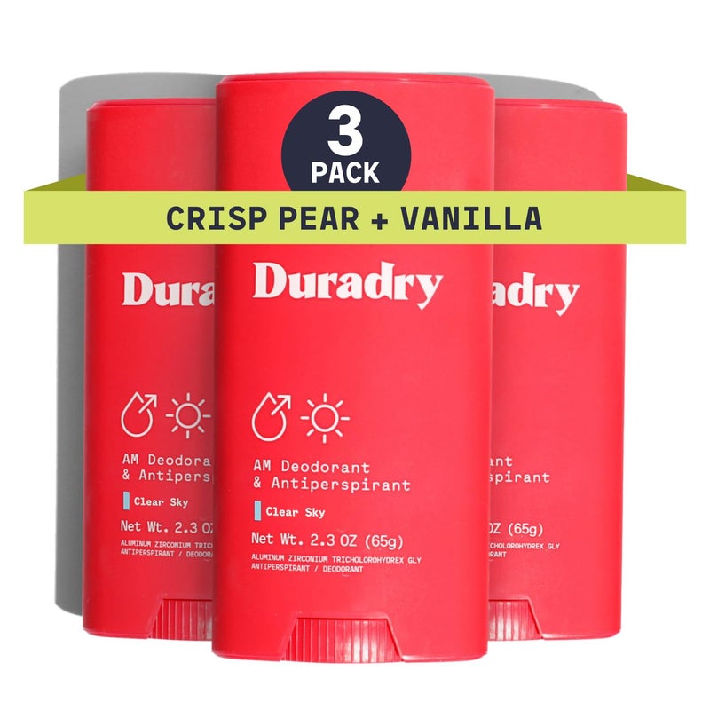 Duradry Clinical-Strength Antiperspirant for Women and Men â€“ Clean formula with natural ingredients for armpit odor and excessive sweat protection â€“Clear Sky (Crisp Pear + Vanilla), 3-Pack. - Image 1