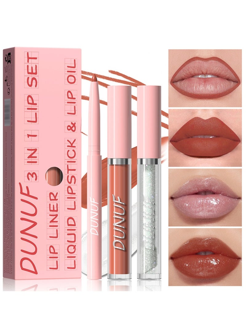 DUNUF 3-in-1 Lip Set, Lip Liner, Liquid Lipstick & Lip Oil,  High Pigment Matte to Gloss Finish, Long Lasting Waterproof Lip Color  #03 - Image 1