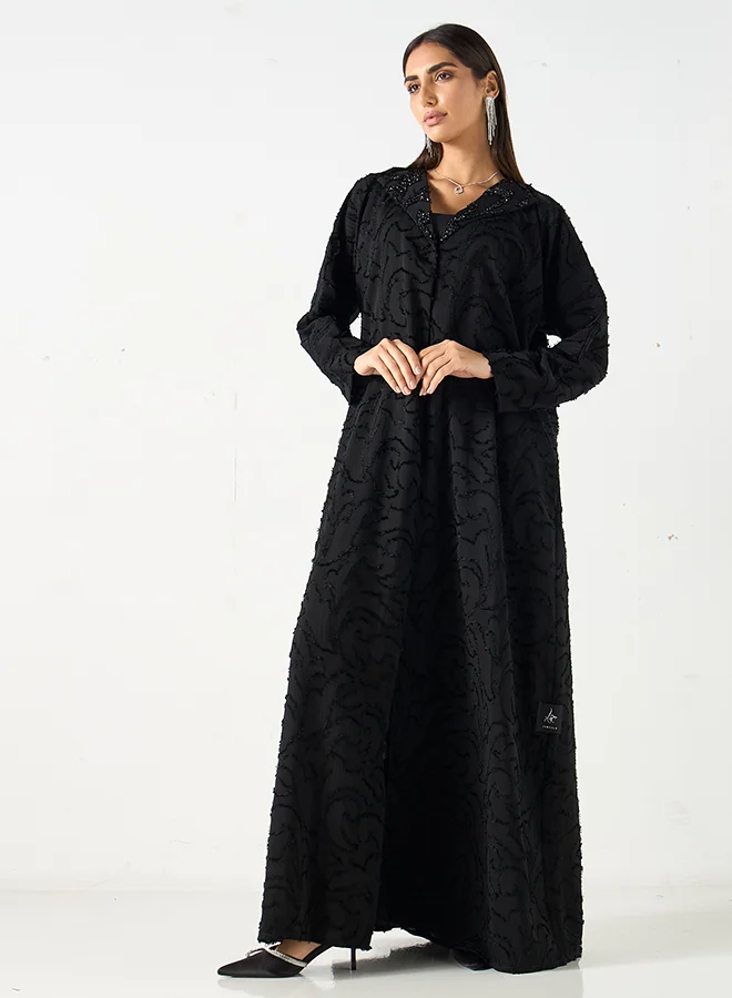 Hadiyath Al Madinah Textured Black Embellished Abaya - HM