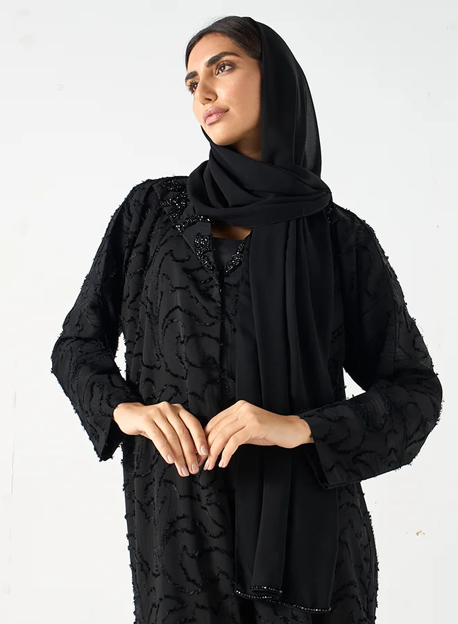 Hadiyath Al Madinah Textured Black Embellished Abaya - HM