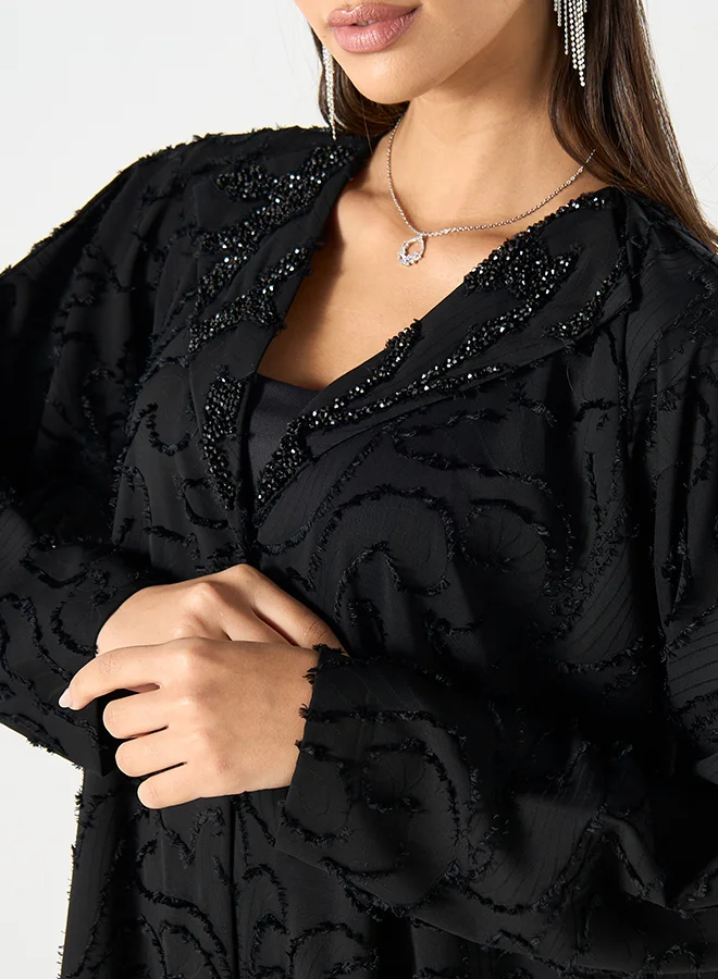 Hadiyath Al Madinah Textured Black Embellished Abaya - HM