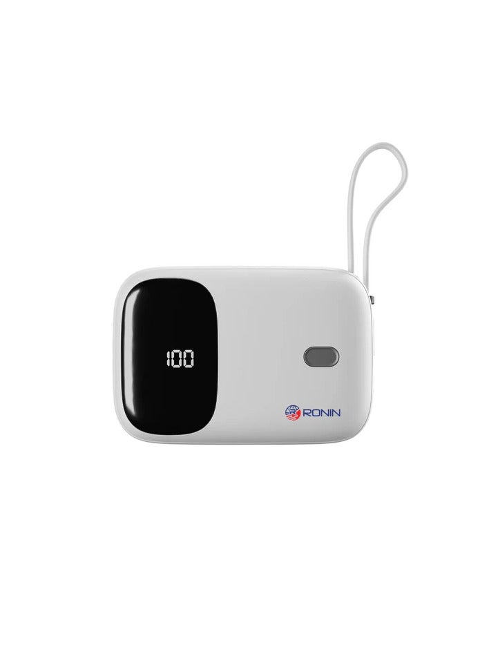رونين باور بانك رونين نيوترون R-4030 سعة 10000 مللي أمبير - كابلات Type-C و Lightning مدمجة - شحن سريع 22.5 واط - تقنية PD - شاشة رقمية - نحيف وخفيف - للايفون والاندرويد والسماعات - أبيض - Image 2